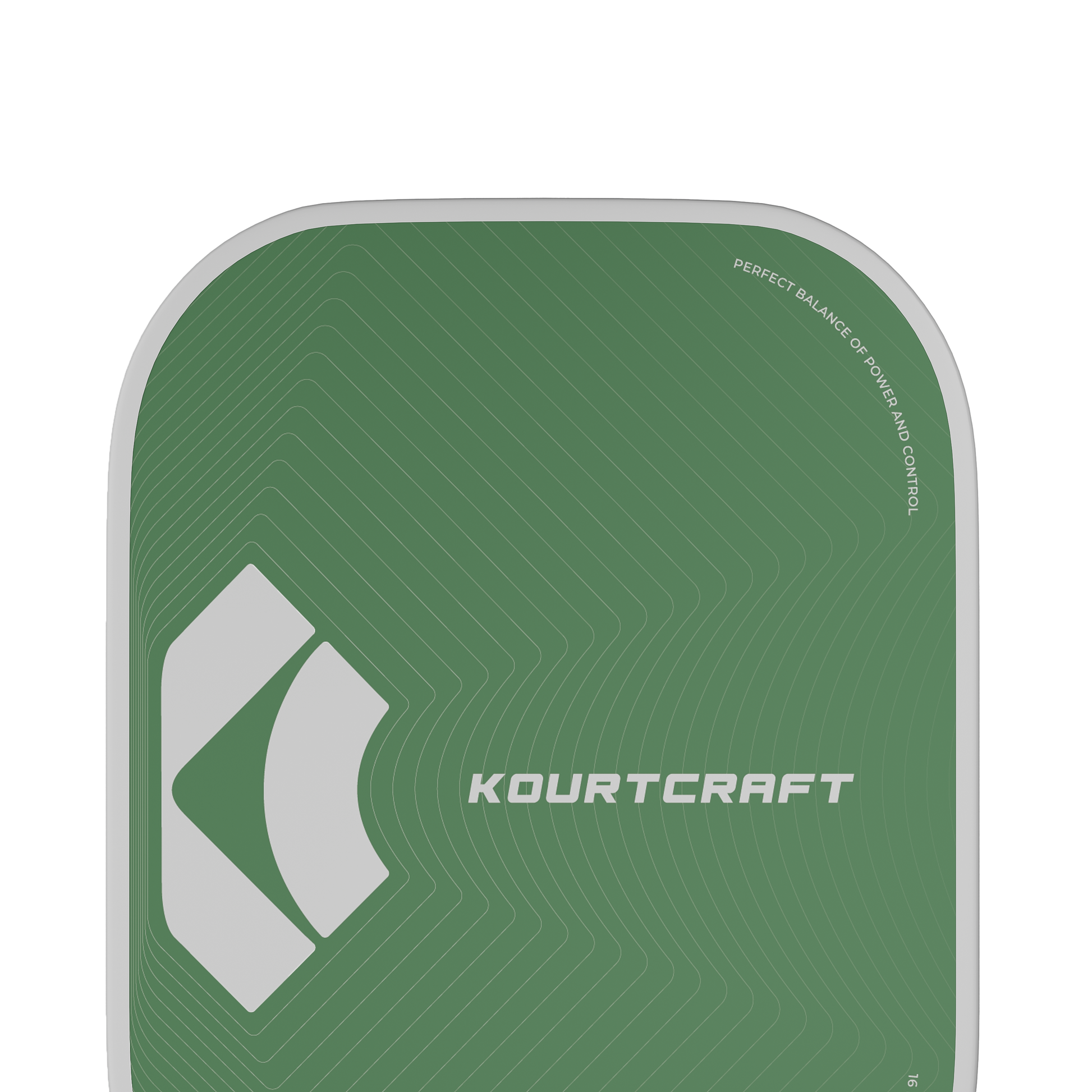 Green Pickleball Paddle, with Kourtcraft logo, and enraving that reads "Perfect balance of power and control" 