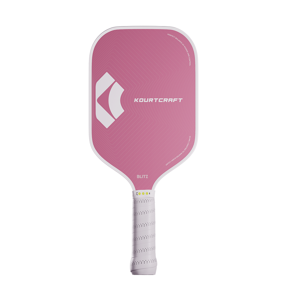 Pink pickleball paddle with Kourtcraft logo on a white background