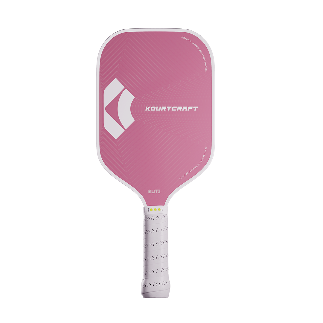 Pink pickleball paddle with Kourtcraft logo on a white background