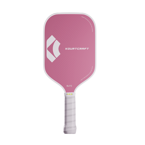 Pink pickleball paddle with Kourtcraft logo on a white background
