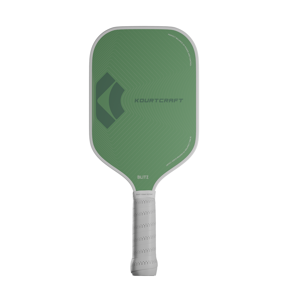 Green pickleball paddle with Kourtcraft branding, with white handlle and white edge guard 