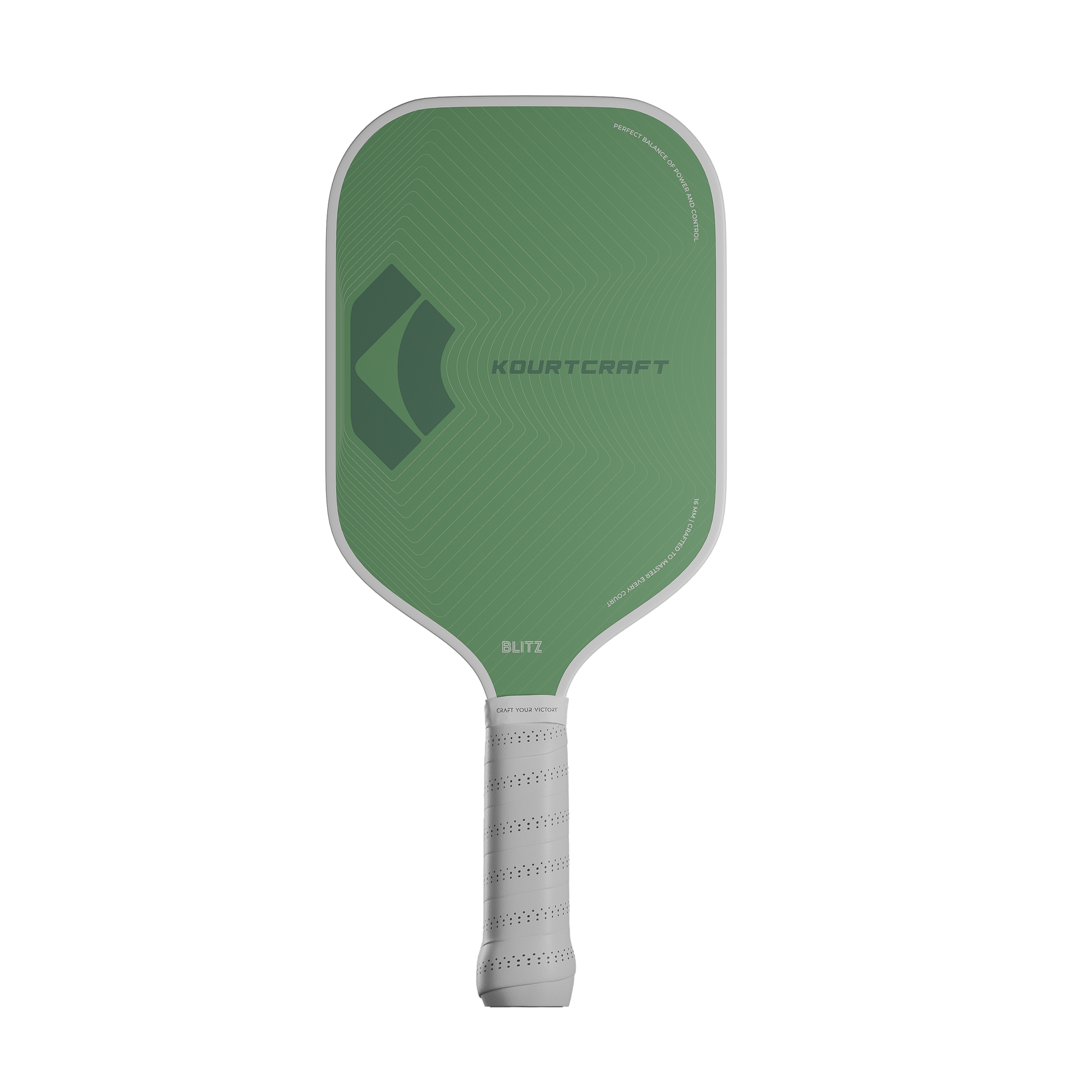 Green pickleball paddle with Kourtcraft branding, with white handlle and white edge guard 