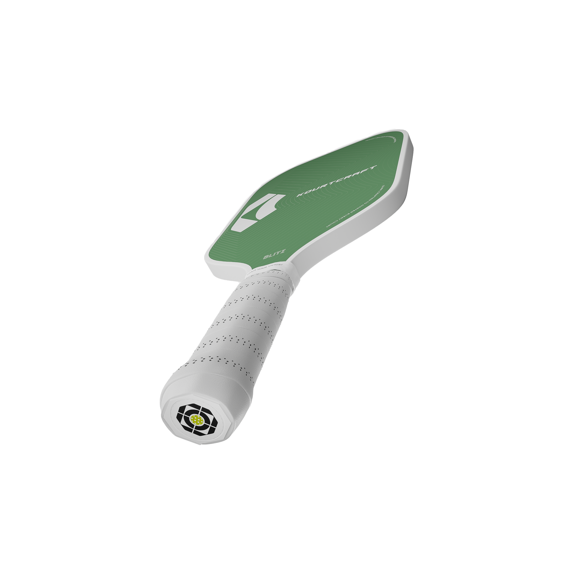 Green Pickleball paddle with kourtcraft branding, white handle and white edge guard 
