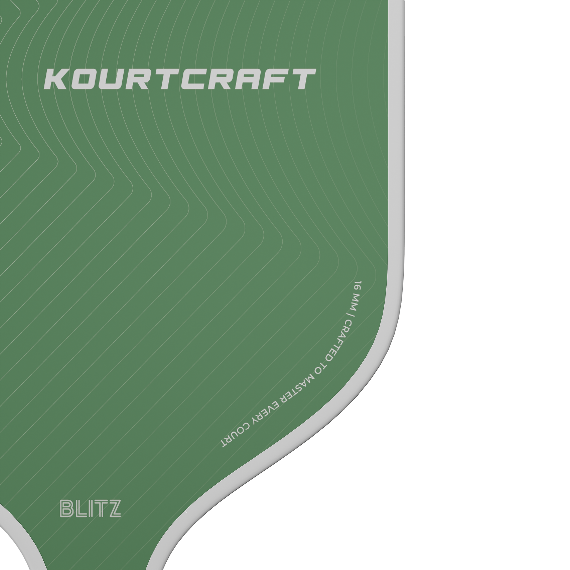 Green Pickleball Paddle, White Kourtcraft Barnding, with engraving that reads "16mm, Crafted to master every court"