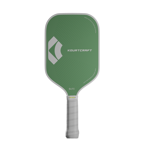 Green pickleball paddle with Kourtcraft logo with white handle and edge guard 